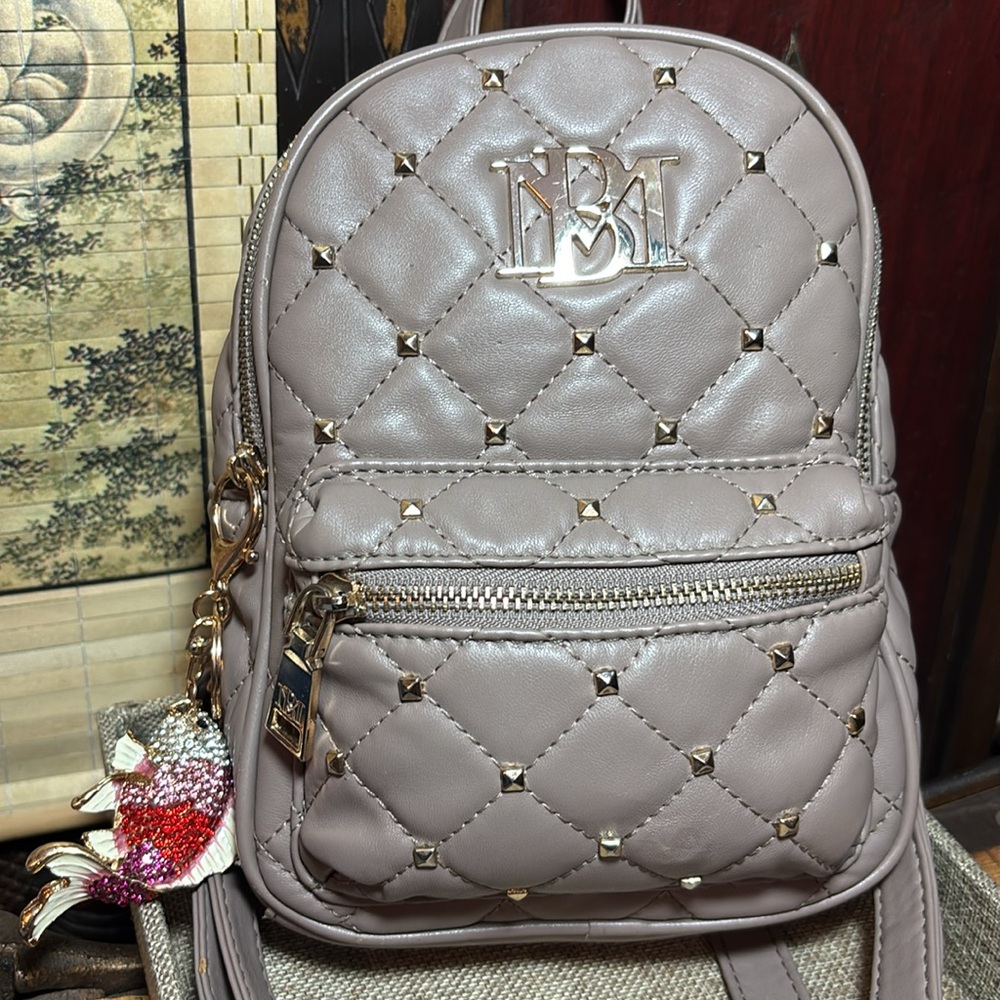 Badgley Mischka Taupe Quilted Backpack 9”Hx6.25” wPink Rhinestone Koi Bag Charm